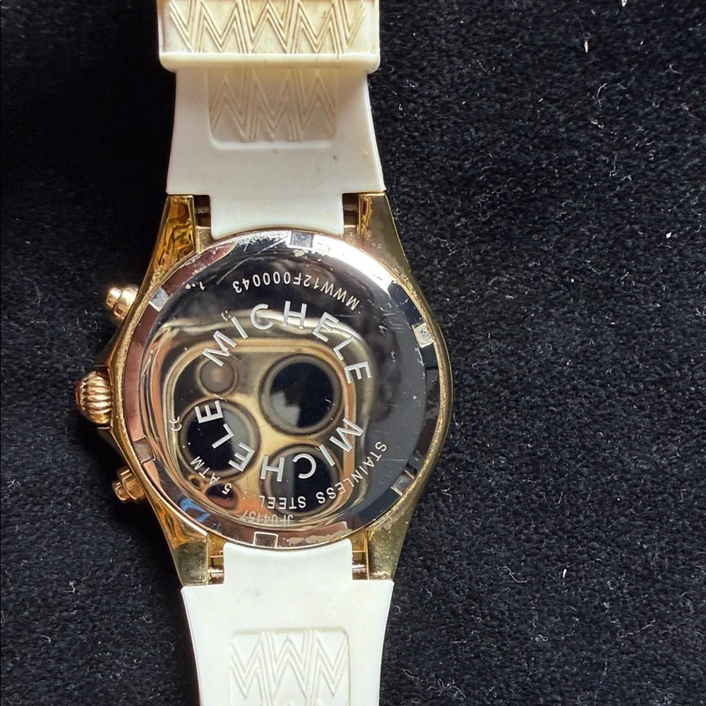 Michele White Silicone Strap Chronograph Watch with Gold Bezel